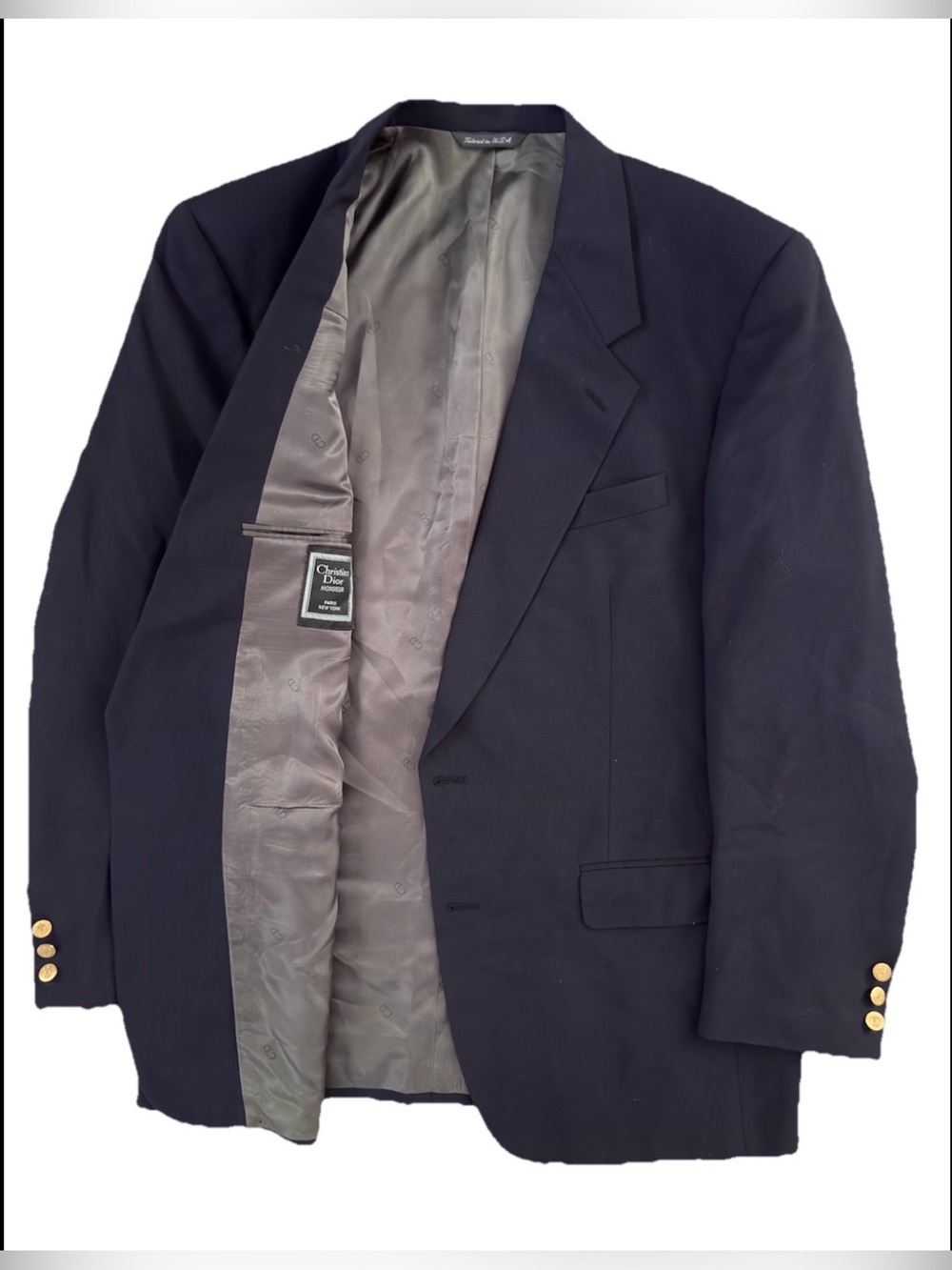 Vintage Christian Dior Monsieur Navy Wool Blazer 46R Gold Buttons Sport Coat
